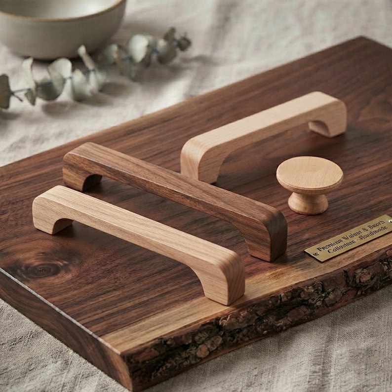 May include: Two wooden cabinet handles in light and dark tones, one round wooden knob, and a rectangular brass plaque with the text Premium Walnut & Beech Collection Handmade, all arranged on a dark walnut wood board with a natural live edge.