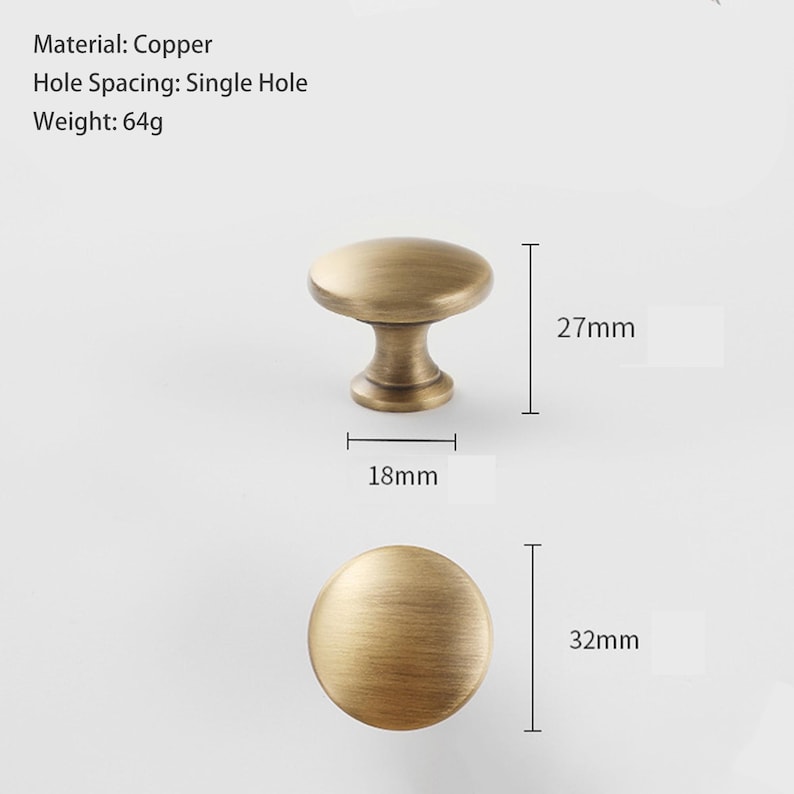 May include: A round copper cabinet knob with a brushed finish. The knob features a single hole mounting design, a height of 27mm, a base diameter of 18mm, and a top diameter of 32mm. The item weighs 64g and is shown from both side and top views.