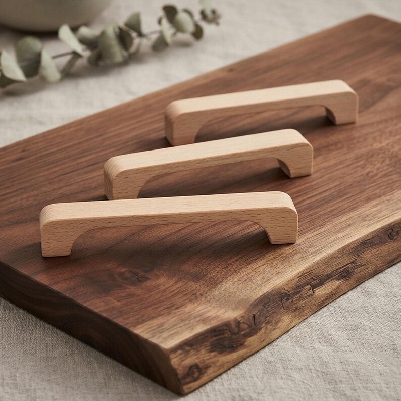 May include: Three light-colored wooden cabinet handles with a smooth, rectangular design and rounded edges. Each handle features a simple arch shape, showcasing a natural grain pattern in a pale beige tone, arranged diagonally on a dark wood board.
