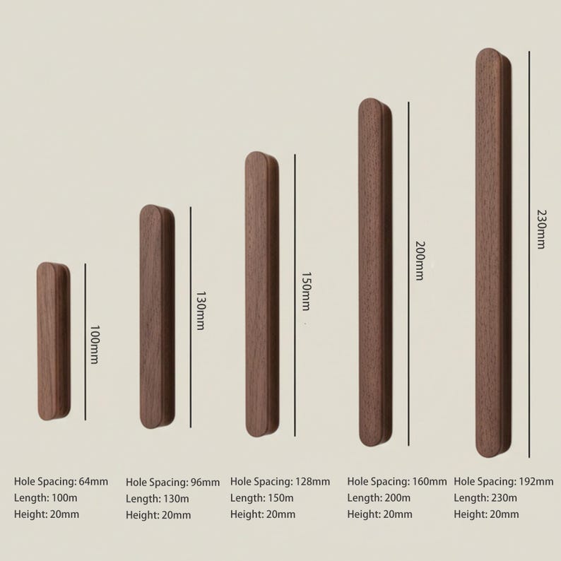 May include: Five rectangular dark brown wooden cabinet pulls of varying lengths. The lengths are labelled as 100mm, 130mm, 150mm, 200mm, and 230mm. Each pull has a consistent height of 20mm and specific hole spacing measurements of 64mm, 96mm, 128mm, 160mm, and 192mm.