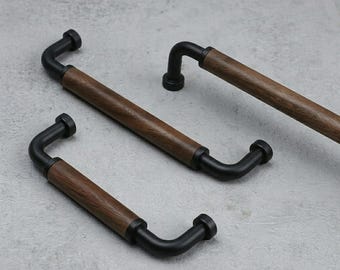 Puxador preto para armário com cabo em madeira de nogueira, puxador de cozinha escandinavo, puxador moderno para gaveta.