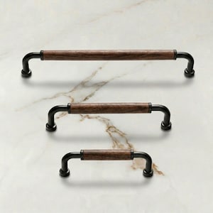 Black Cabinet Pull Handle with Walnut Wood Grip, Scandinavian Kitchen Handle, Modern Drawer Pull