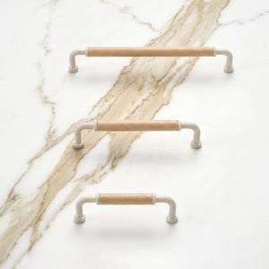 Tirador blanco para armario con empuñadura de madera de haya, tirador de cocina escandinavo, tirador de cajón moderno, herrajes para muebles nórdicos.
