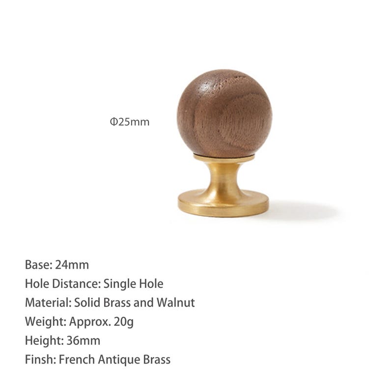 May include: A spherical brown walnut wood knob attached to a French antique brass base. The knob has a diameter of 25mm, a base diameter of 24mm, and a total height of 36mm. This single hole hardware piece weighs approximately 20 grams.