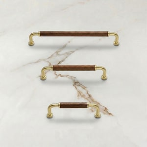 Solid Brass Cabinet Pull Handle with Walnut Wood Grip, Scandinavian Kitchen Handle, Modern Drawer Pull