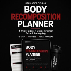 May include: The Iron Script Fitness Body Recomposition Planner is an 18-page printable digital download guide and training log for fat loss and muscle retention. It includes a structured framework for tracking training, nutrition, and body composition.