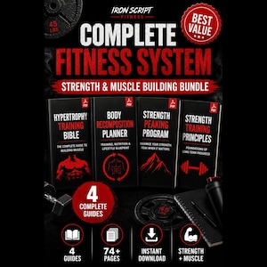 Op de afbeelding: Een digitaal fitnesspakket genaamd Iron Script Fitness Complete Fitness System, met vier PDF-gidsen: Hypertrophy Training Bible, Body Recomposition Planner, Strength Peaking Program en Strength Training Principles, inclusief een icoon van een 45 lbs gewichtsschijf.