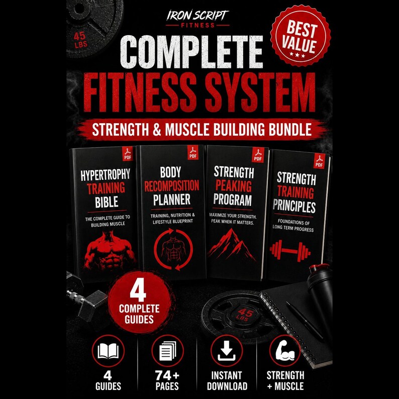 Op de afbeelding: Een digitaal fitnesspakket genaamd Iron Script Fitness Complete Fitness System, met vier PDF-gidsen: Hypertrophy Training Bible, Body Recomposition Planner, Strength Peaking Program en Strength Training Principles, inclusief een icoon van een 45 lbs gewichtsschijf.