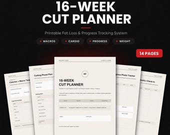 16-Week Cut Planner | Fat Loss Tracker, Macro, Cardio Log (Digital Download PDF)