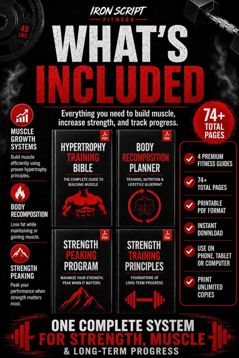 Op de afbeelding: Een digitale fitnessgidsenset getiteld Iron Script Fitness What's Included, met vier PDF-handleidingen: Hypertrophy Training Bible, Body Recomposition Planner, Strength Peaking Program en Strength Training Principles, in totaal 74+ pagina's.