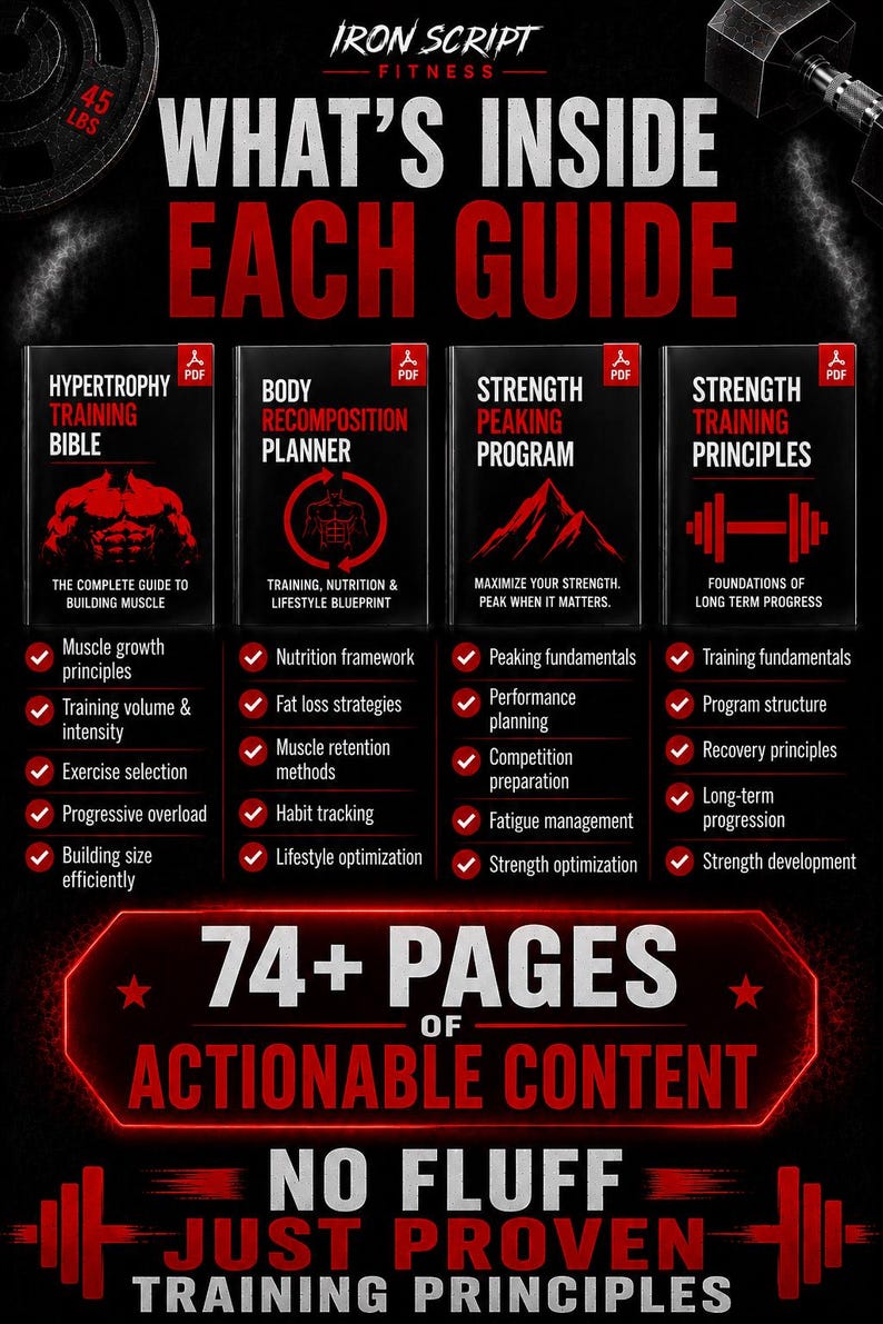 Op de afbeelding: Een informatieve afbeelding getiteld Iron Script Fitness What's Inside Each Guide, met vier PDF-trainingsgidsen: Hypertrophy Training Bible, Body Recomposition Planner, Strength Peaking Program en Strength Training Principles, met 74+ pagina's aan inhoud.