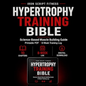 Könnte beinhalten: Ein digitales Dokument mit dem Titel Iron Script Fitness Hypertrophy Training Bible, ein wissenschaftlich fundierter Leitfaden zum Muskelaufbau. Es enthält ein druckbares PDF, ein 8-wöchiges Trainingstagebuch, 10 Kapitel und einen digitalen Download.