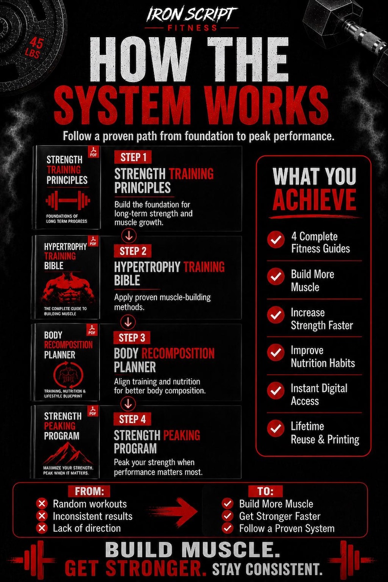 Op de afbeelding: Een informatieve afbeelding getiteld Iron Script Fitness How The System Works, met een fitnessprogramma in vier stappen. Het bevat Strength Training Principles, Hypertrophy Training Bible, Body Recomposition Planner en Strength Peaking Program, met voordelen zoals spieropbouw en krachttoename.