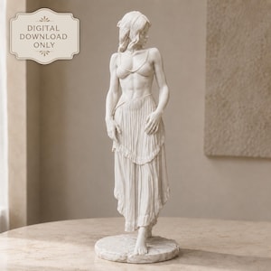 May include: A white marble-style statue of a standing figure with wavy hair, wearing a bikini top and a layered, pleated skirt. The figure is barefoot on a circular base. A label in the upper left corner reads: DIGITAL DOWNLOAD ONLY.