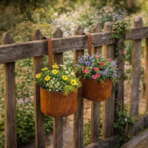 Könnte beinhalten: Zwei rostige Metallpflanzgefäße mit bunten Blumen hängen an einem verwitterten Holzzaun. Ein Pflanzgefäß hat gelbe und weiße Blumen, das andere rosa und lila Blumen. Der Hintergrund ist verschwommen.