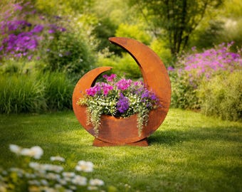 Jardinière en métal rouillé « Croissant » – Objet décoratif moderne en métal pour jardin, terrasse et balcon, taille XXL (75 cm de hauteur).