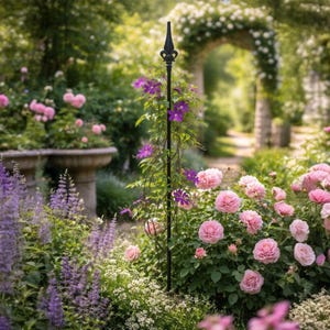 Könnte beinhalten: Eine üppige Gartenszene mit einem schwarzen Metallobelisken, der mit kletternden lila Blumen geschmückt ist. Der Vordergrund ist mit leuchtend rosa Rosen und Lavendelblüten gefüllt. Ein Steinbogen und Pflanzgefäße tragen zum Charme des Gartens bei.