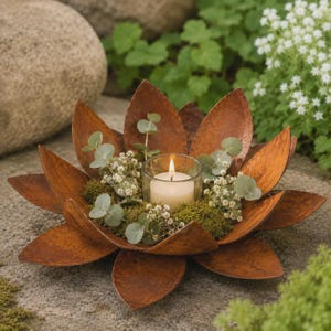 Könnte beinhalten: Ein rustikaler Kerzenhalter in Form einer Lotusblume aus Metall mit einer brennenden Kerze in einem Glasvotiv. Die Blütenblätter sind warmbraun, und die Mitte ist mit Moos, kleinen weißen Blüten und Eukalyptusblättern gefüllt. Die Kerzenflamme leuchtet hell.