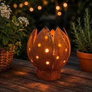Edelrost Windlicht Blume Ø 23 cm – Metall Teelichthalter Rostoptik – Gartenlaterne Edelrost – Dekoration für Terrasse & Garten