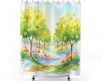 Duschvorhang mit Zitronenhain-Motiv, botanische Gartenlandschaft, mediterrane Zitruskunst, malerische Aquarell-Badezimmerdekoration, Badezimmer im Landhausstil