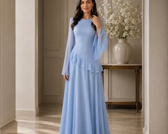 Modest Bell Sleeve Maxi Dress, Long Sleeve Chiffon Formal Gown, Wedding Guest Outfit