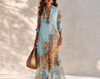 Robe-chemise bohème, imprimé cachemire, caftan boutonné, paréo de vacances