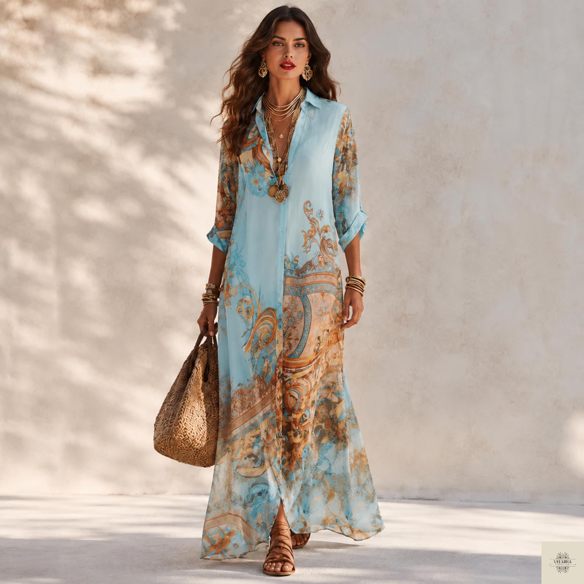 white dress straight cut Bias Color:Brown print draped back * Back ID23969 Blue And White Floral