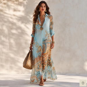 Vestido camisa boho, estampa paisley, caftan com botões, saída de praia para férias em resort
