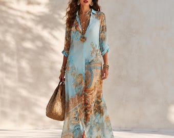 Abito a camicia boho, stampa paisley, caftano con bottoni, copricostume per vacanze al resort