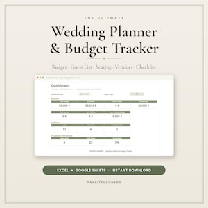 Può includere: Un modello di foglio di calcolo digitale per la pianificazione di matrimoni e il monitoraggio del budget, con una dashboard per budget, lista degli invitati e avanzamento. L'interfaccia mostra tabelle con dati finanziari in euro, conteggio ospiti.