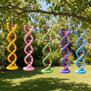 May include: Five colorful DNA helix ornaments hanging from a tree branch. Each helix is a different color: yellow, pink, green, purple, and blue. The helixes are made of yarn and have a detailed, colorful interior.