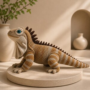 Puede incluir: Un juguete de iguana de ganchillo en tonos beige, marrón y crema, con ojos azules. El reptil hecho a mano presenta detalles a rayas y una cresta dorsal espinosa. Está posado sobre una plataforma redonda de tonos neutros.