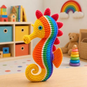 Può includere: Un giocattolo a forma di cavalluccio marino all'uncinetto con colori arcobaleno. Il cavalluccio marino ha un muso giallo, occhi blu e una coda arricciata. Il corpo è a righe rosse, arancioni, gialle, verdi, blu e viola. Un giocattolo fatto a mano.