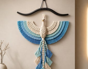 Motif de suspension murale en macramé Phoenix bleu PDF | Tutoriel d'art en fibre Boho Bird | Guide de décoration murale en macramé DIY