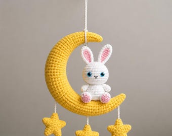 Cute Bunny Moon Crochet Pattern PDF, Amigurumi Baby Mobile Pattern, Crescent Moon Nursery Decor, Hanging Bunny Crochet Tutorial