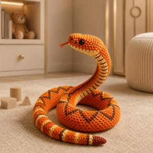 May include: A crocheted snake toy in shades of orange, yellow, and brown. The snake has a detailed pattern, a red tongue, and black eyes. The toy is coiled on a neutral-coloured carpet.