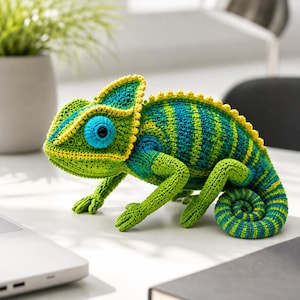 Könnte beinhalten: Ein gehäkeltes Chamäleon in Grün-, Blau- und Gelbtönen. Das handgefertigte Reptil hat einen eingerollten Schwanz und eine detaillierte Textur. Das Chamäleon ist auf einer weißen Oberfläche platziert und zeigt seine leuchtenden Farben und sein aufwendiges Design.