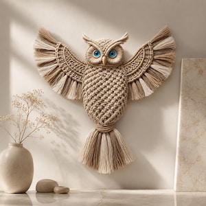 Puede incluir: Un colgante de pared de macramé con forma de búho y alas extendidas. El búho está hecho de hilo beige y marrón claro, con ojos azules y un cuerpo texturizado. Las alas tienen un borde con flecos y el búho se muestra contra una pared neutra.