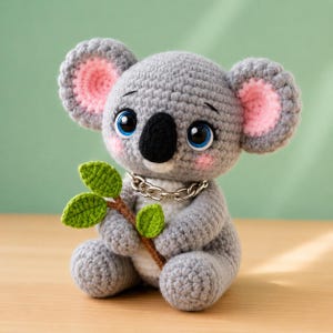 May include: A handmade gray crochet koala bear with large blue eyes, pink-lined ears, and a black nose. The koala holds a small branch with green leaves and wears a silver chain necklace. The koala is sitting on a wooden surface.