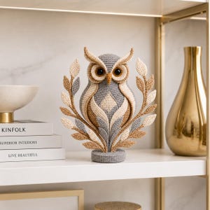 May include: A handcrafted crochet owl figurine in gray, beige, and brown tones. The owl has large, detailed eyes and is surrounded by a decorative leaf design. It is displayed on a white shelf with books and a gold vase.
