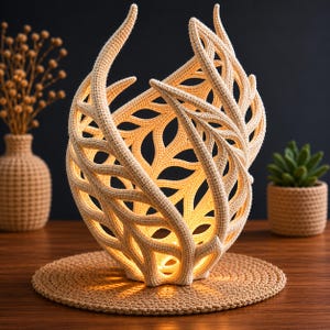May include: A beige crochet lamp with a leaf-like design, emitting a warm glow. The lamp sits on a round, woven mat. A vase with dried flowers and a small potted succulent are in the background, creating a cozy atmosphere.