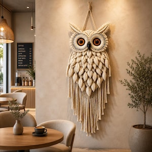 May include: A large, beige macrame owl wall hanging with orange eyes and a textured, feathered design. The owl is suspended from a natural fiber cord, adding a touch of bohemian decor to any space. The owl is approximately 24 inches tall.