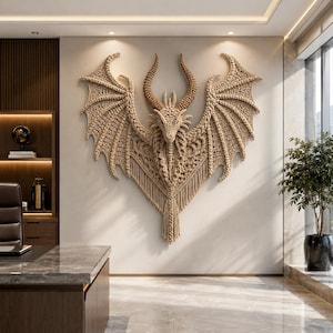May include: A large, beige macrame wall hanging shaped like a dragon with expansive, detailed wings, a textured head, and two prominent curved horns. The piece features intricate knot work and long, hanging fringe at the bottom center.