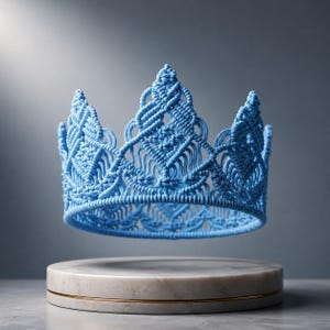 May include: A light blue crown crafted from intricate macrame cord, featuring a series of pointed peaks and detailed knotted patterns. The design displays a repeating geometric structure with woven loops and vertical strands throughout the band.
