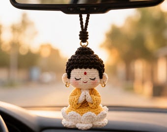 Crochet Buddha Car Hanging Pattern PDF, Amigurumi Meditation Doll Tutorial, Lotus Monk Charm, Rearview Mirror Decor Pattern