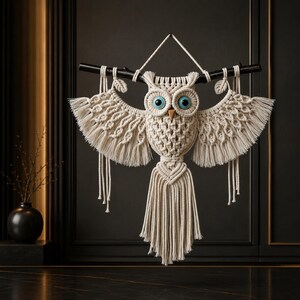 Puede incluir: Un tapiz de macramé con forma de búho, elaborado con cuerda de color blanco roto. El búho presenta dos grandes ojos redondos de color azul claro, un pequeño pico triangular y complejos patrones de alas anudadas con largos flecos. Cuelga de una rama negra.
