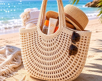 Mönster för virkad strandväska i mesh i PDF-format, virkmönster för sommarmarknadsväska, handledning för bohemisk väska, handgjord shoppingväska