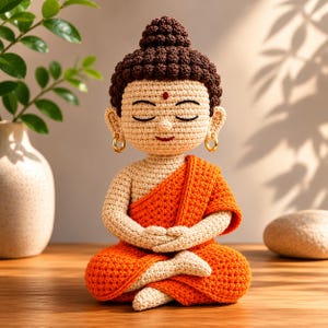 May include: A handcrafted crochet Buddha statue in a seated meditation pose. The figure features a brown hair bun, closed eyes, and an orange robe. Gold hoop earrings and a red dot on the forehead add detail. The statue is on a wooden surface.