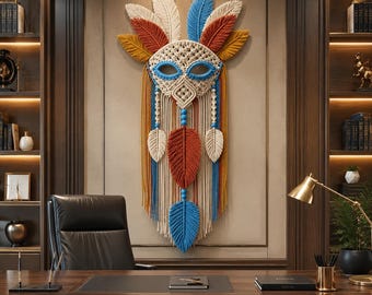 Macrame Mask Wall Hanging Pattern PDF, Boho Feather Wall Decor Tutorial, Fiber Art Crochet Pattern, DIY Home Decor Guide