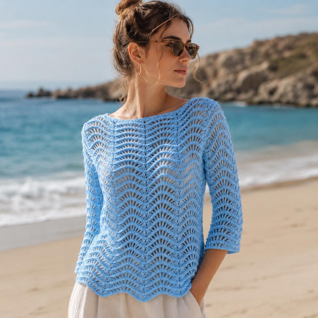 30 Mesh Sweater Crochet Patterns for Airy Layers, Pullovers, and Cardigans 25 Sky Blue Lace Mesh Sweater Crochet Pattern